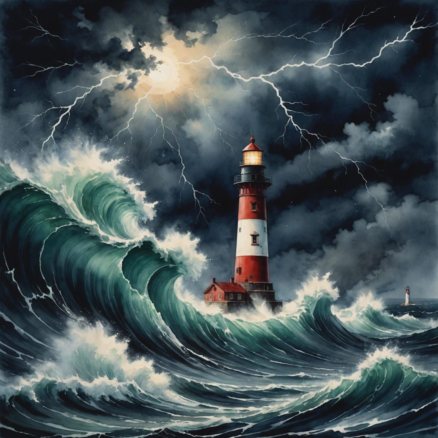 lighthouse in a hurricane at night with lightning