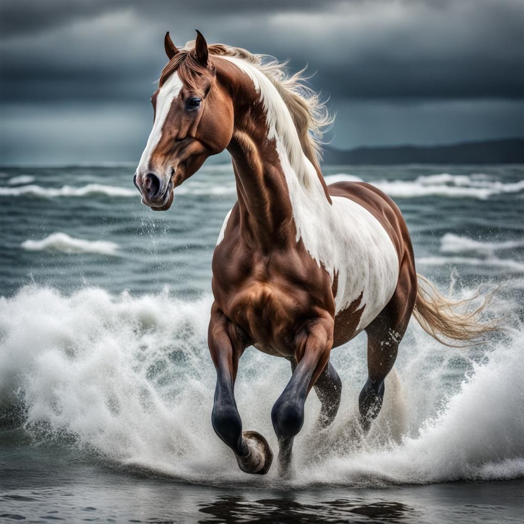 Bay Horse Rearing in Ocean Water