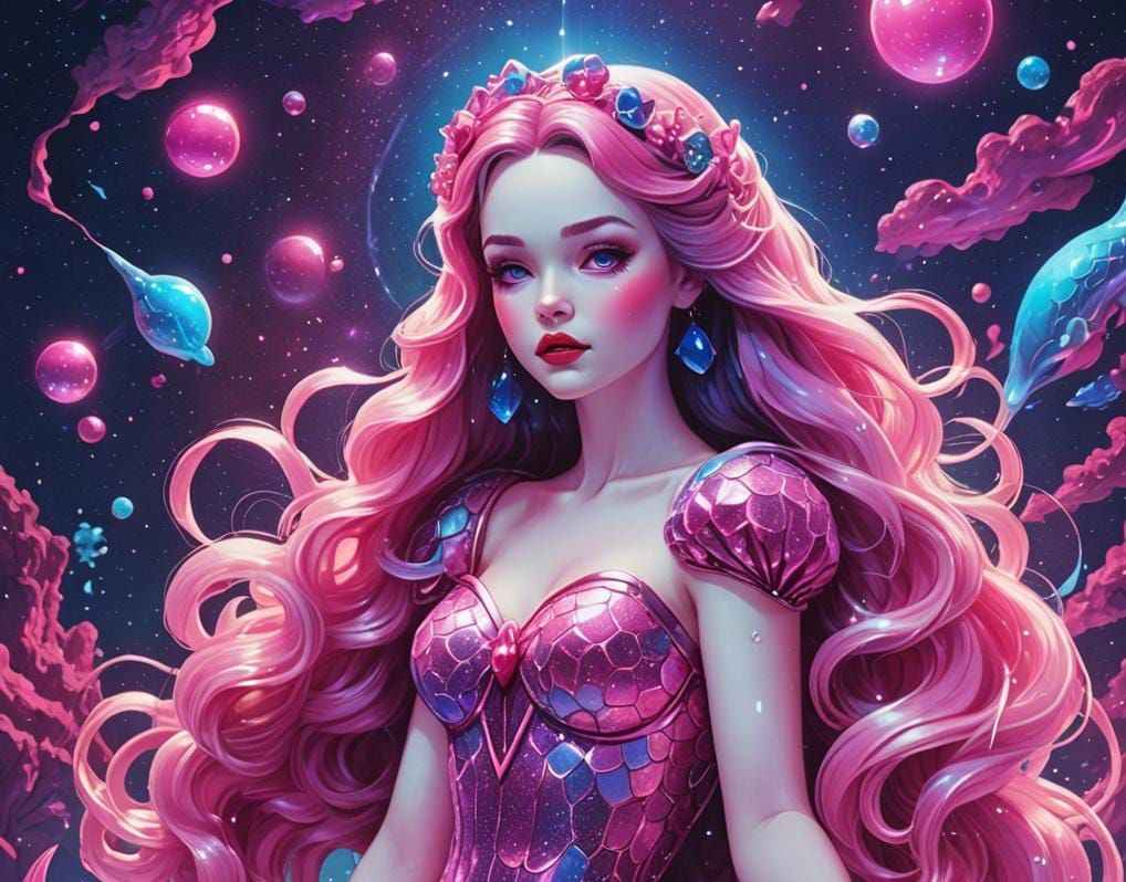 Snow White Space Mermaid in Synthwave Neon Style