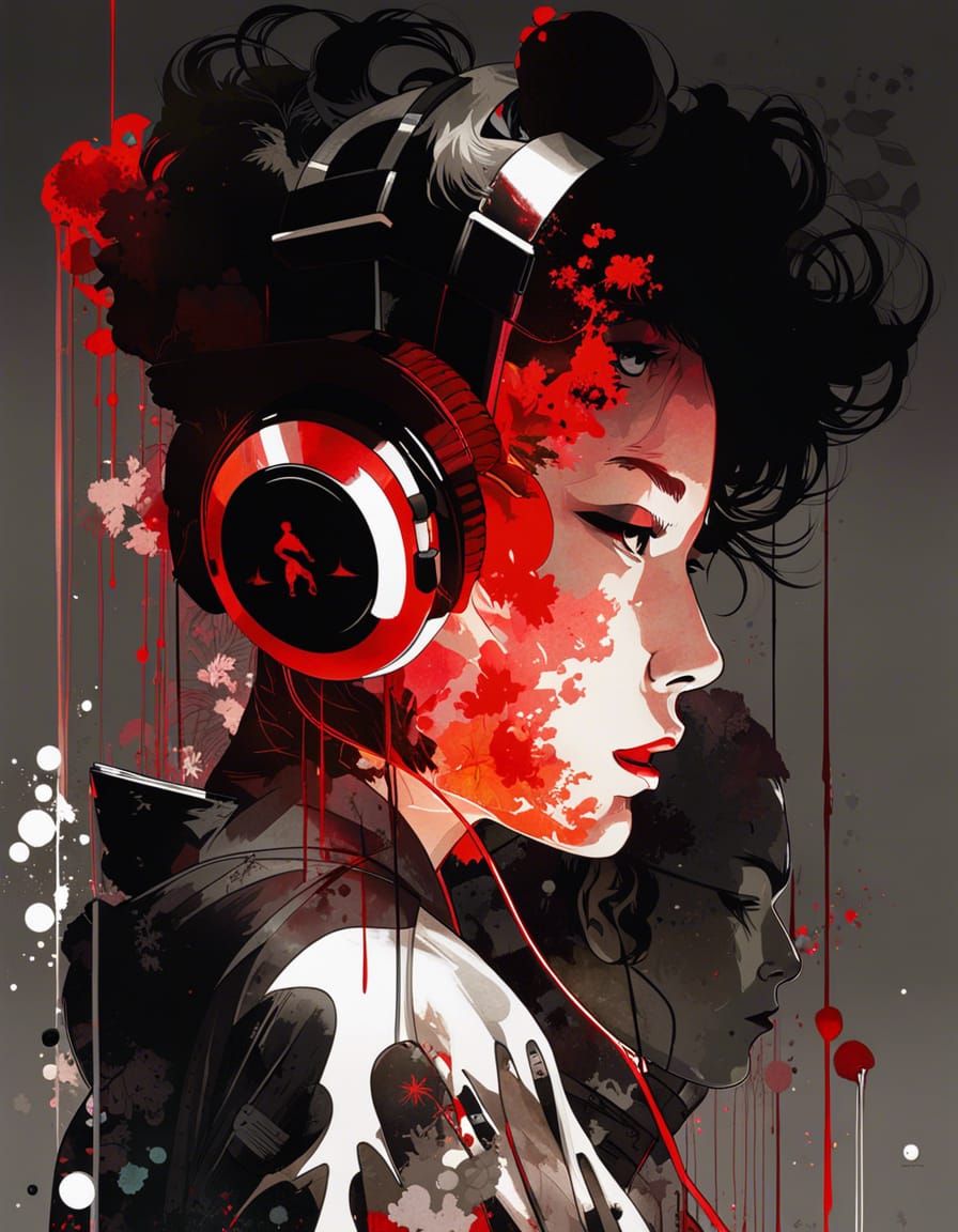 Double Exposure DJ Portrait with Dancers in Manhwa Style