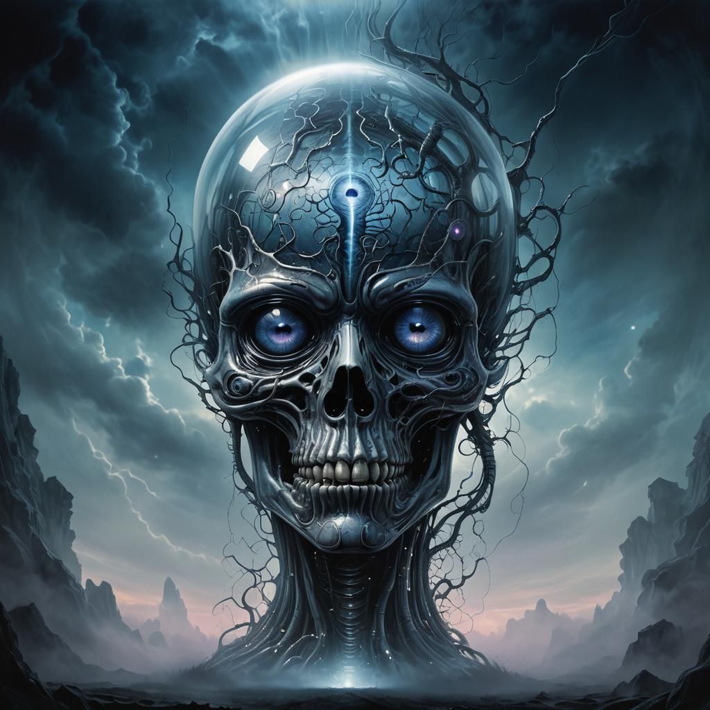 Glass "A" with Brain and Eye in Dark Fantasy Scene