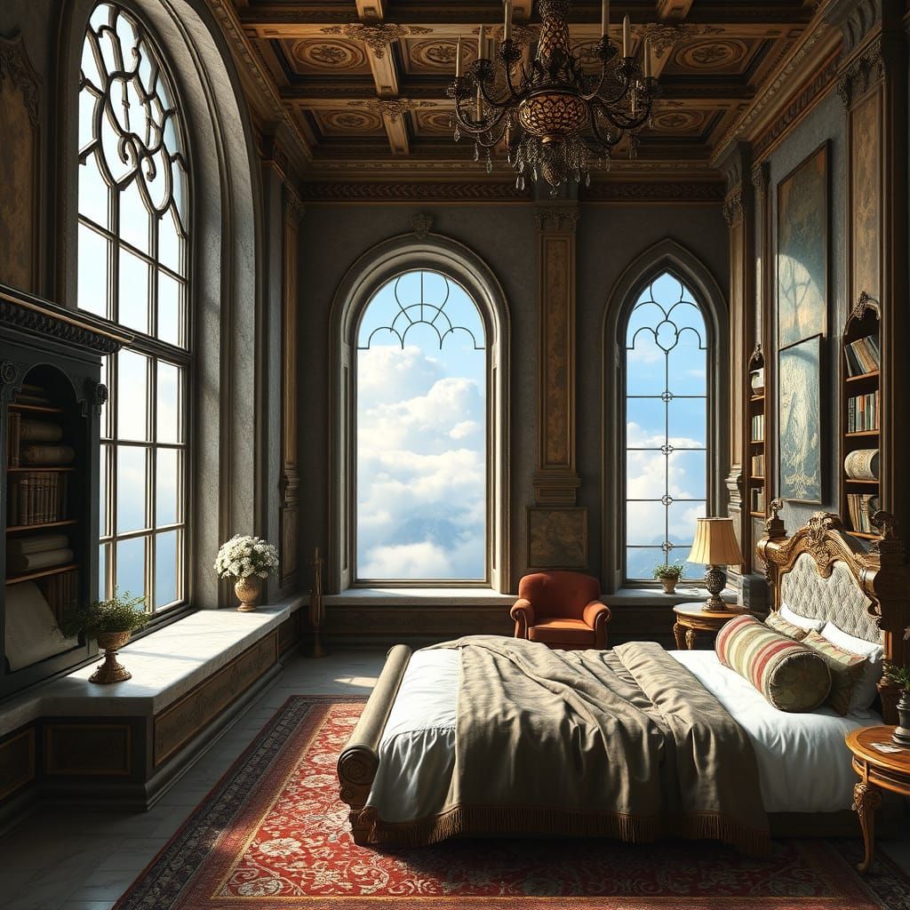 Enchanted Arthurian Chamber with High Windows and Bookcase