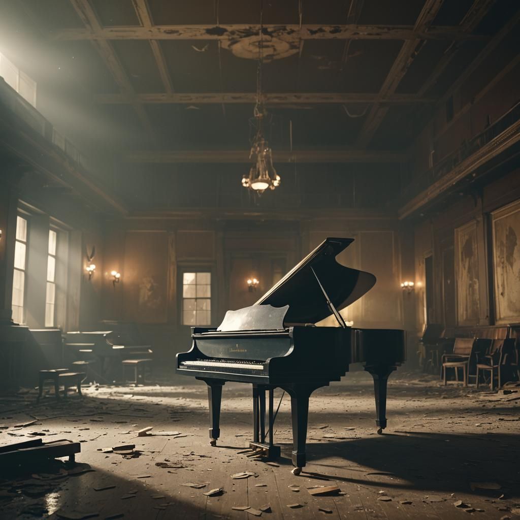 Dramatic Broken Piano in Abandoned Concert Hall