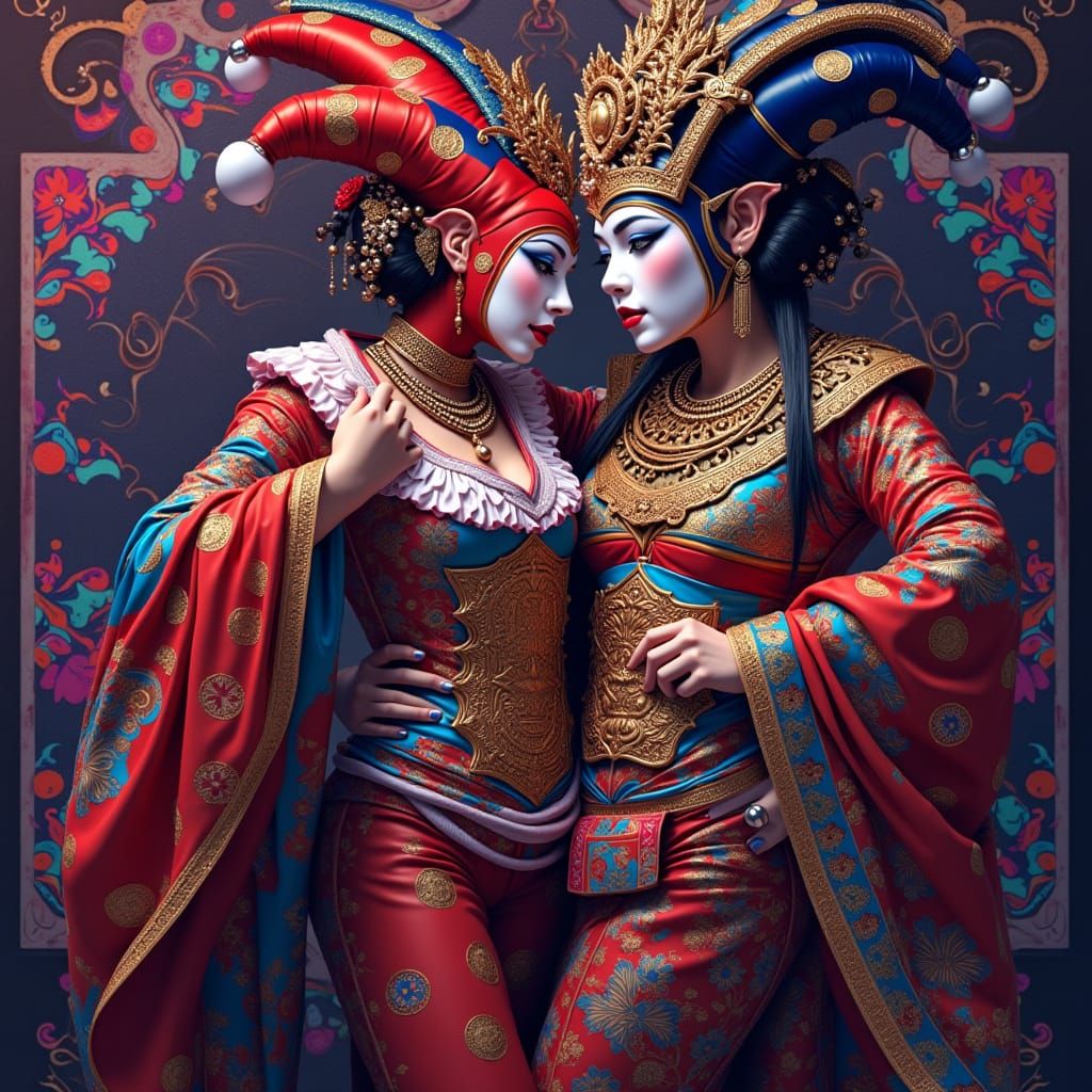 Harlequin, Geisha, and Tutankhamun in Photorealistic Full Bo...
