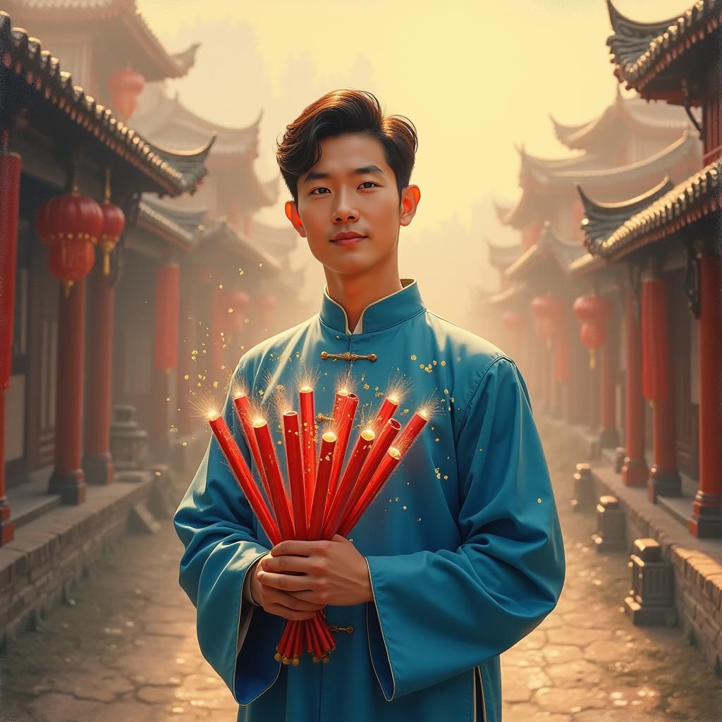 Asian Man with Fireworks in Impressionist Chinese Village