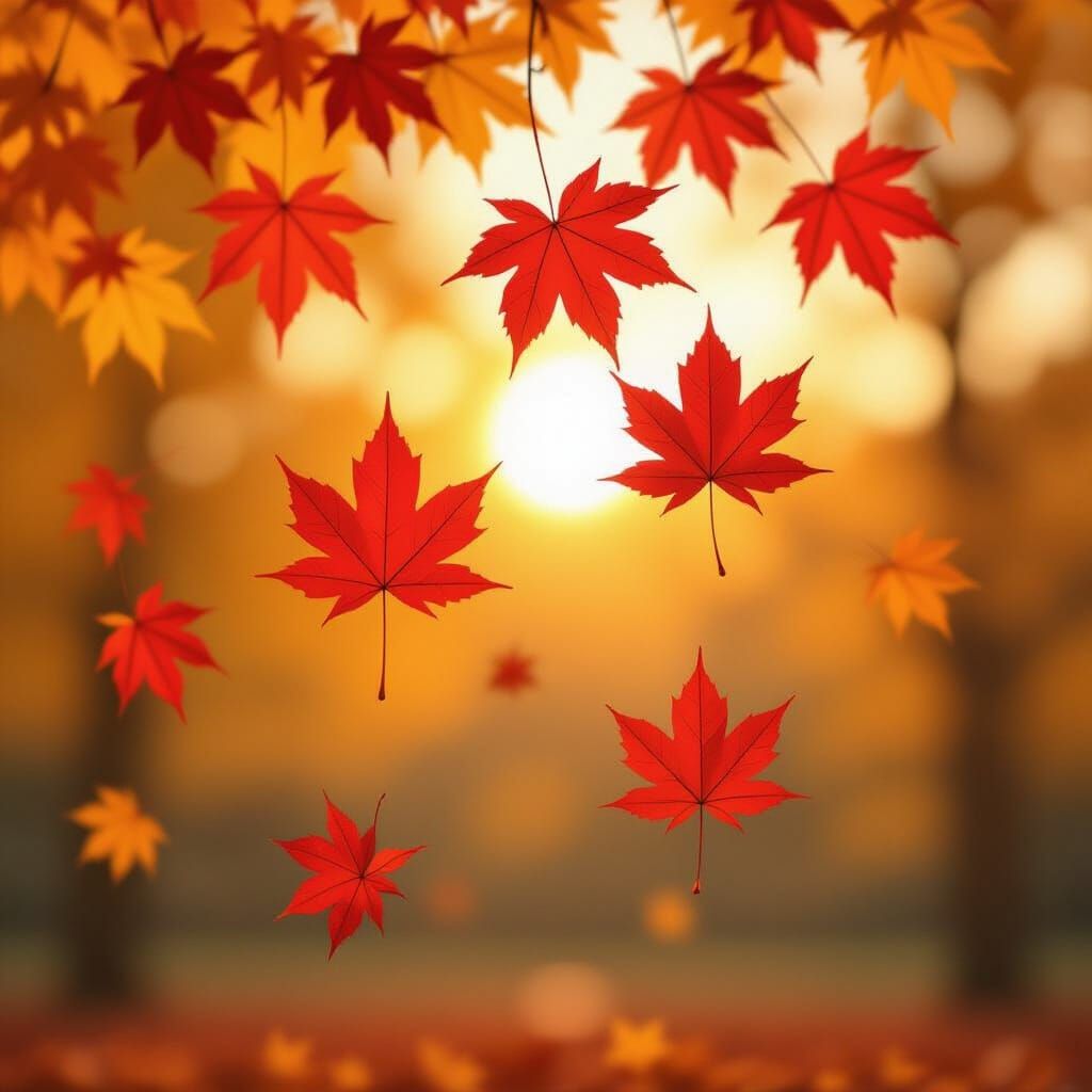 Transparent Red Maple Leaves Falling in Sunlight