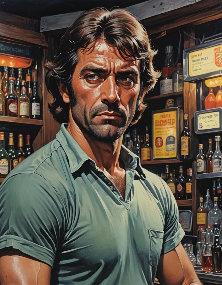Tired Bartender: 1970s Sci-Fi Novel Cover