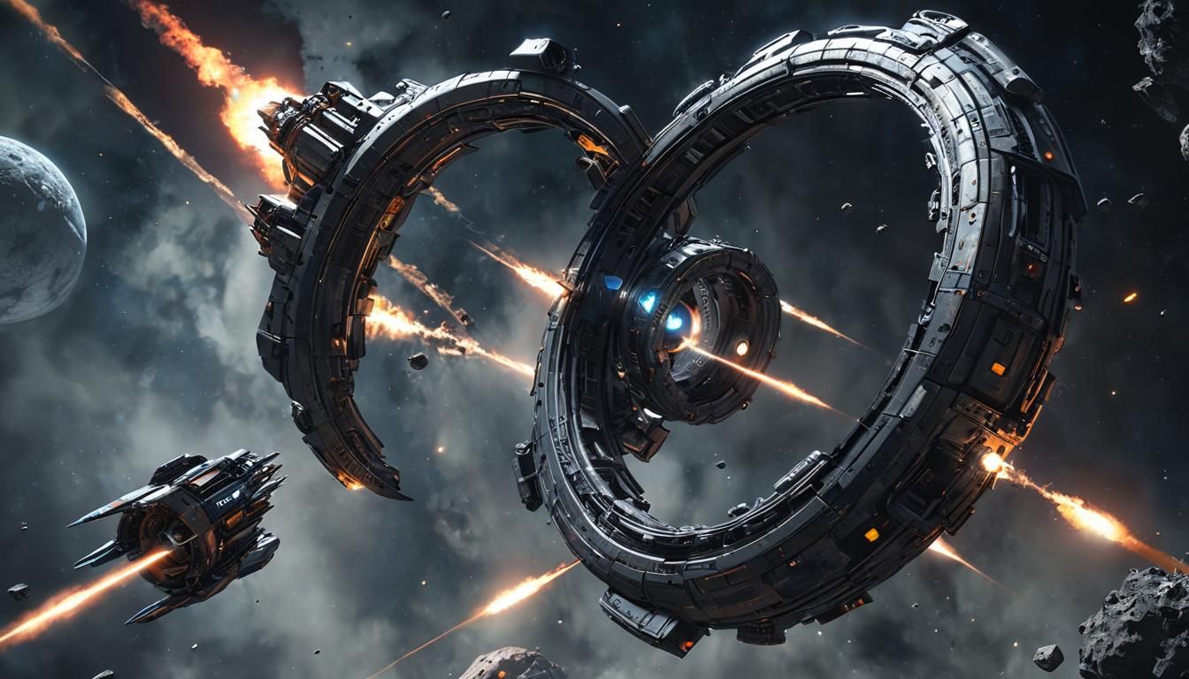 Sci-Fi Spaceship Orbiting Black Hole in 3D