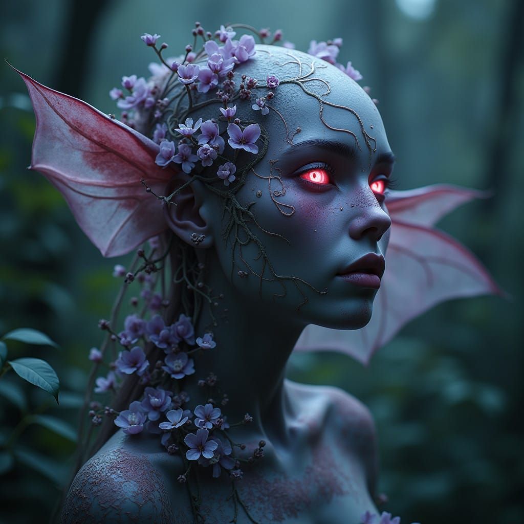 Dark Botany Demoness Unfolds Wings in Mystical Night Forest