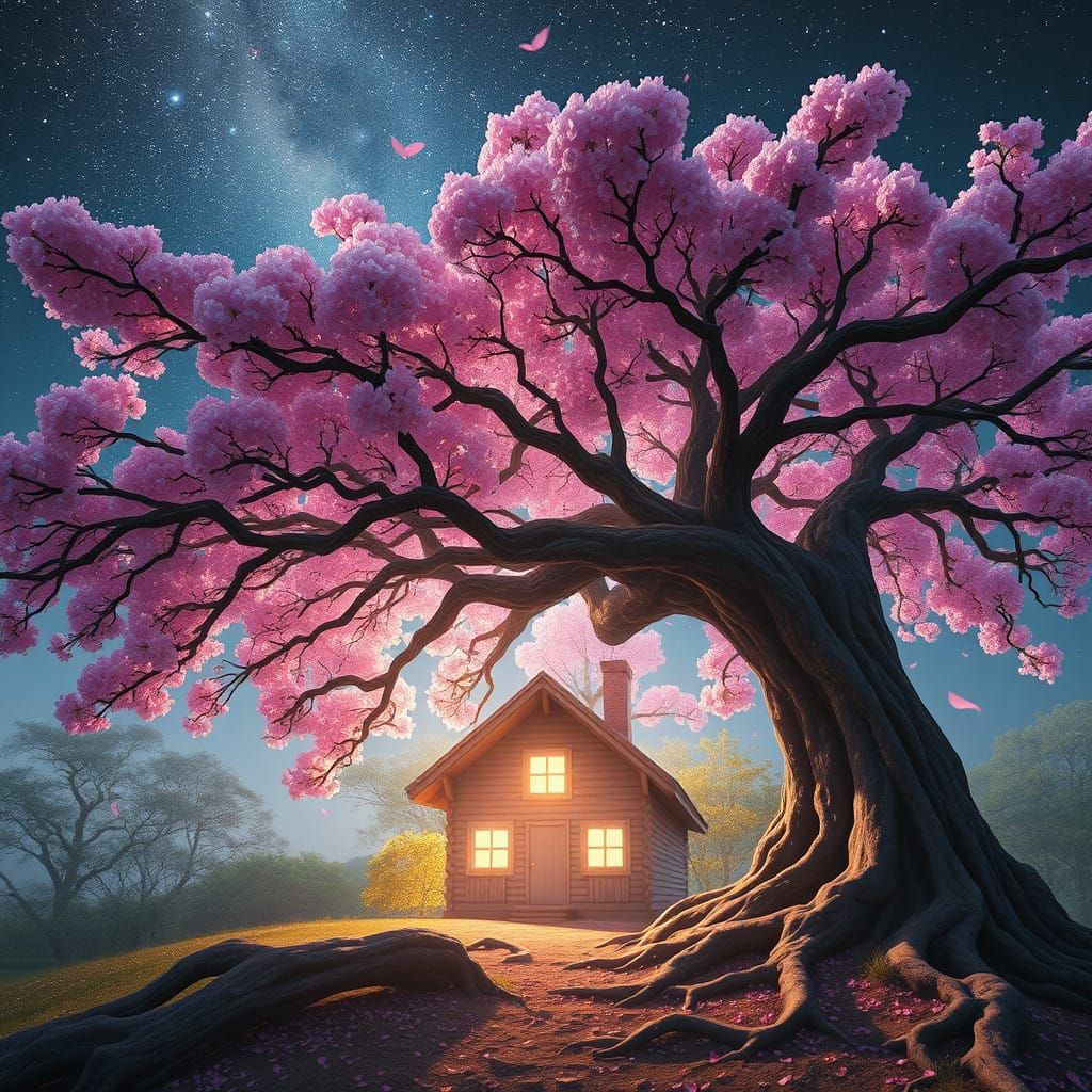 Cabin Under Cherry Tree with Starry Cathedral