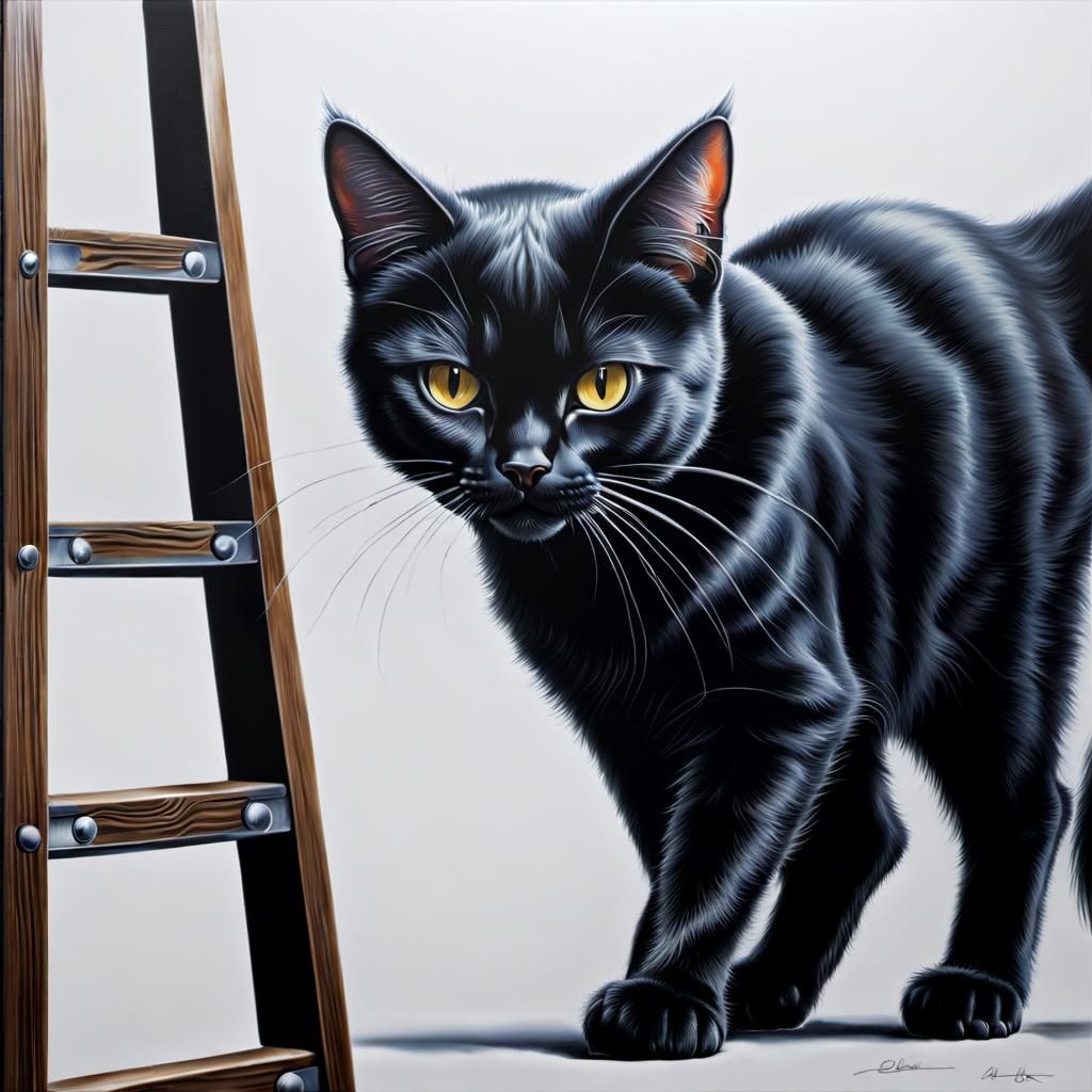Black Cat Under Ladder in Airbrush Style
