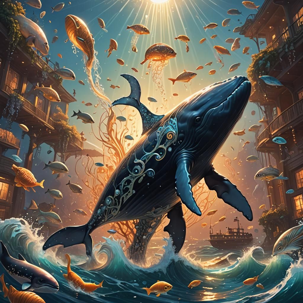 Mystical Whale with Dog in Art Nouveau Style