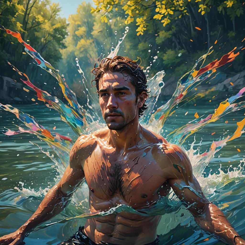 Shirtless Swimmer in Lake: Hyperrealistic Splash Art