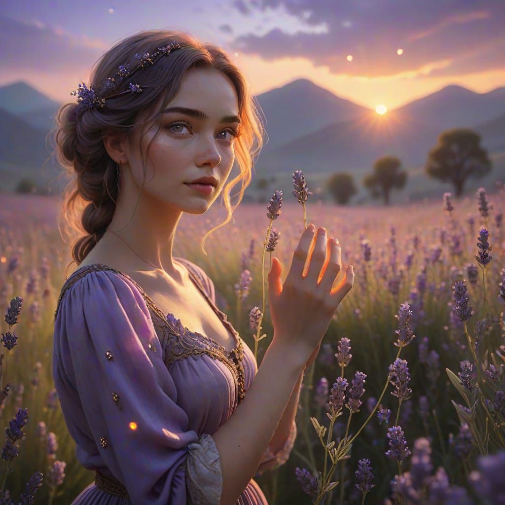 Woman in Wildflower Field with Cosmic Button