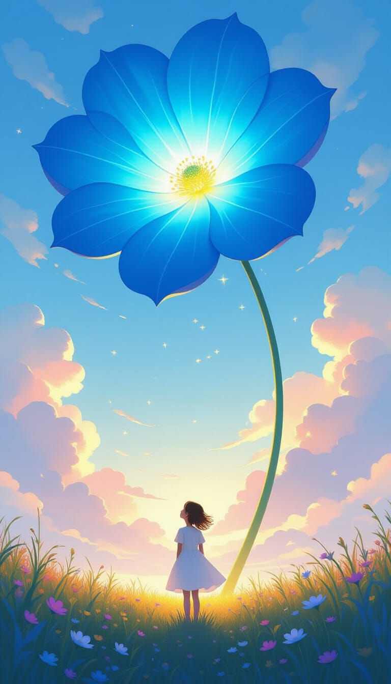 Young Girl Gazes at Giant Blue Flower in Surreal Landscape