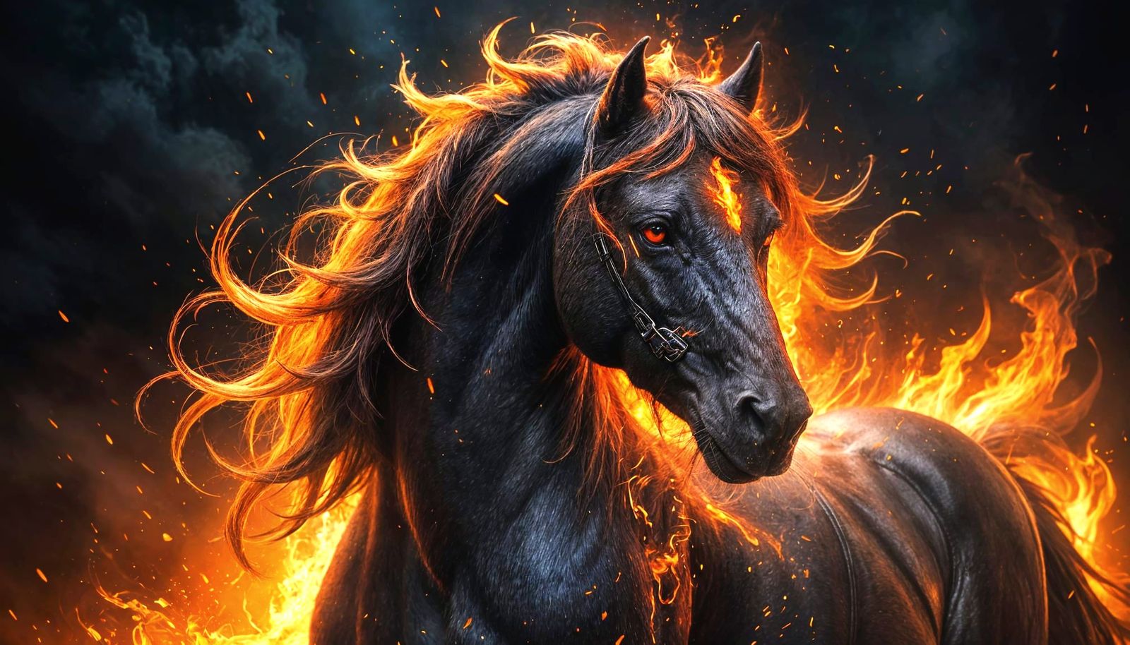 Fiery Dark Horse Emerging from Darkness