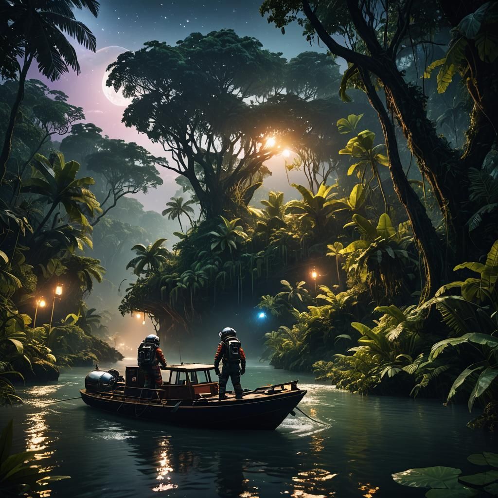 Astronaut's Jungle River Journey at Night