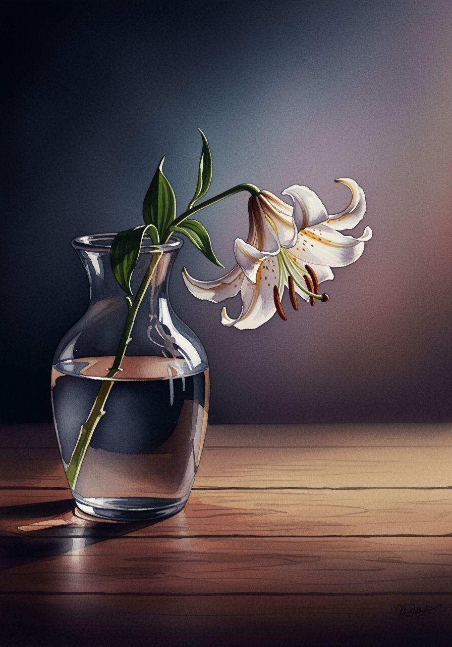 Wilting White Tiger Lily in Crystal Vase, Soft Watercolor St...