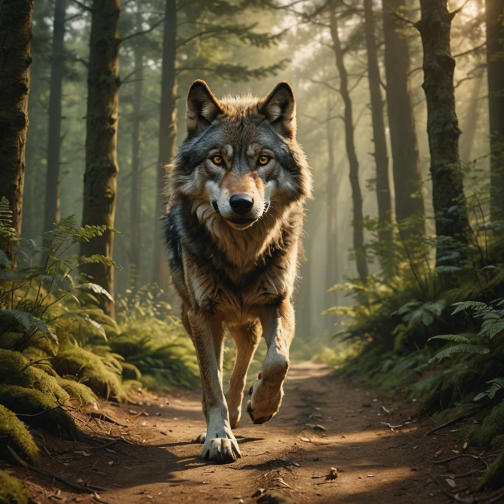 A Hyperrealistic Wolf Runs Down a Forest Path