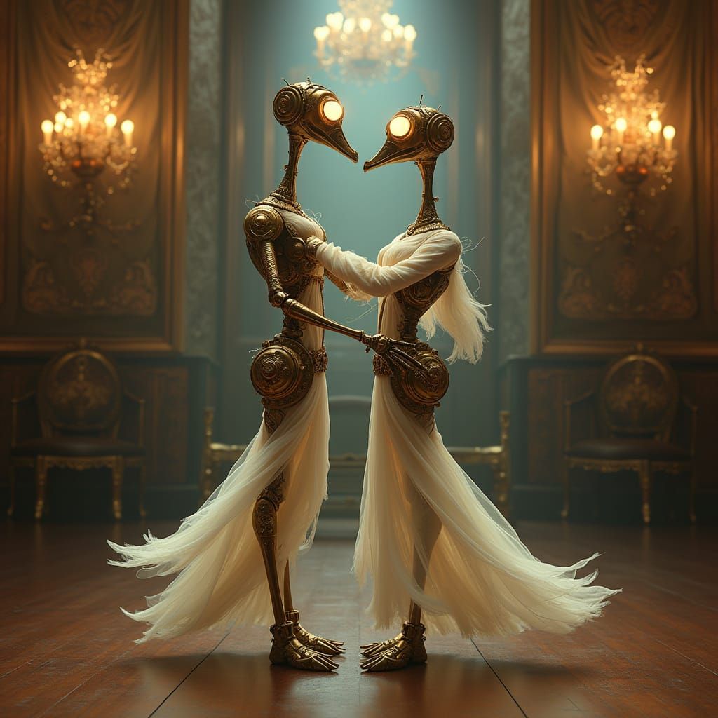 Steampunk Swan Automatons Dance in Victorian Ballroom
