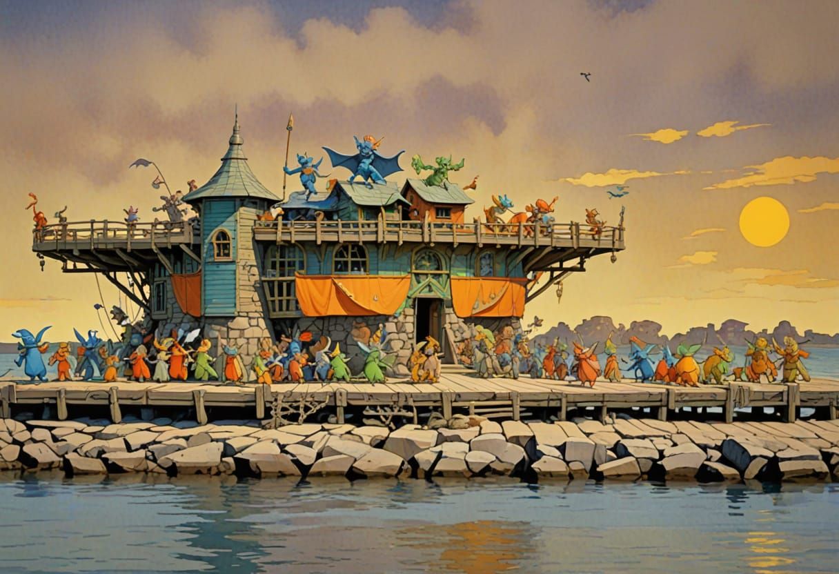 Goblins on Pier: Whimsical Watercolor Fantasy Art