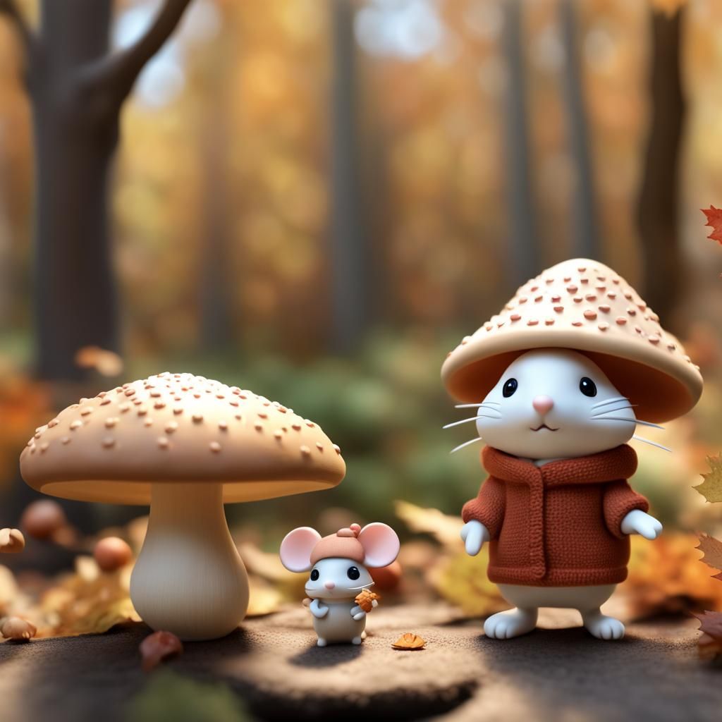 Charming Mouse Figurines in Autumn Forest: 3D Kawaii Design