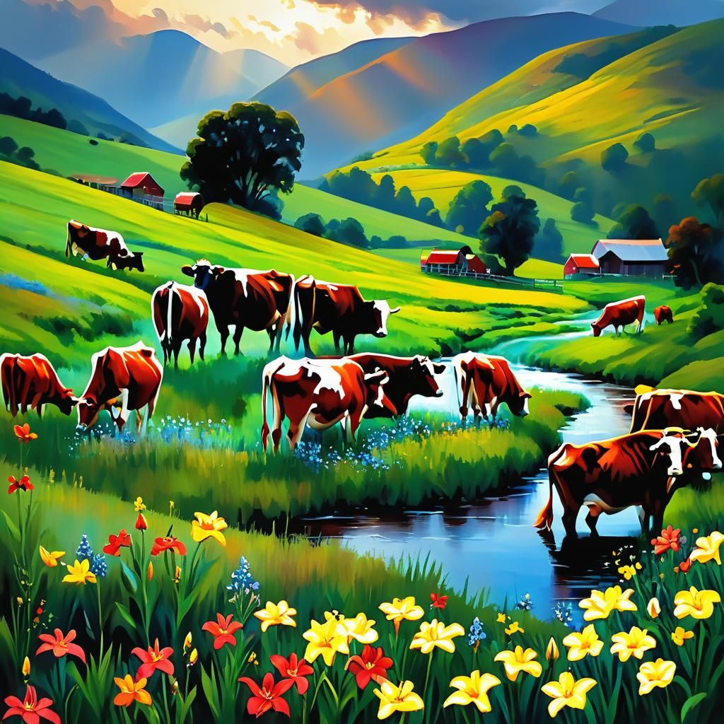 Impressionistic Cows Grazing in Valley at Dusk
