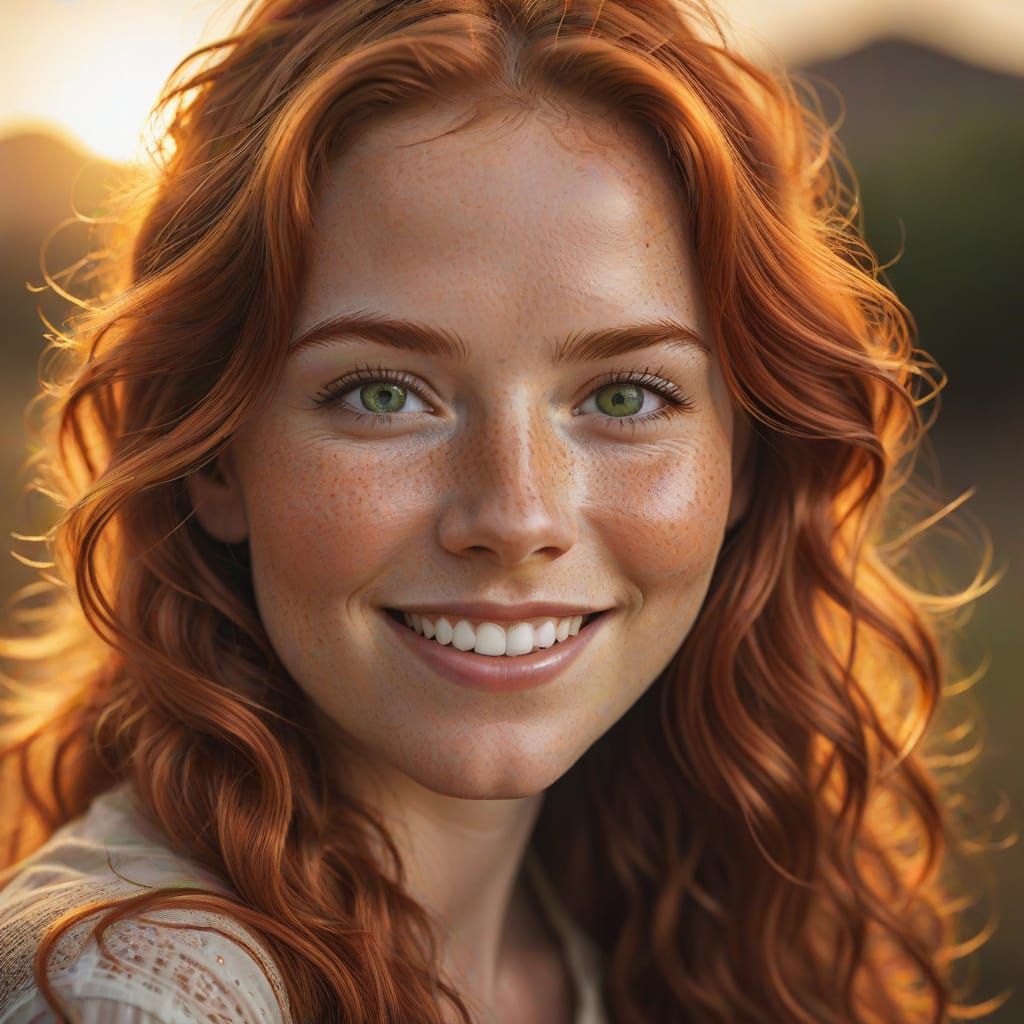 Ultra-realistic portrait of a woman with deep green eyes, freckles, and long wavy red hair, soft golden sunset lighting,...