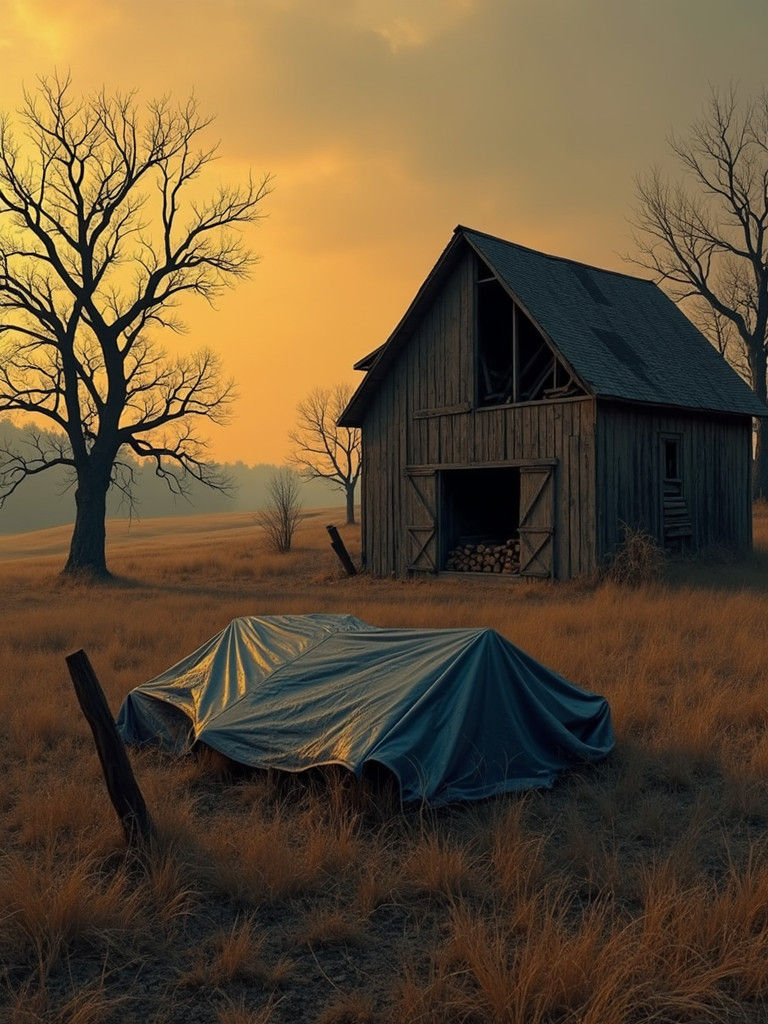 Weathered Barn Amidst Overgrown Field in Fading Light