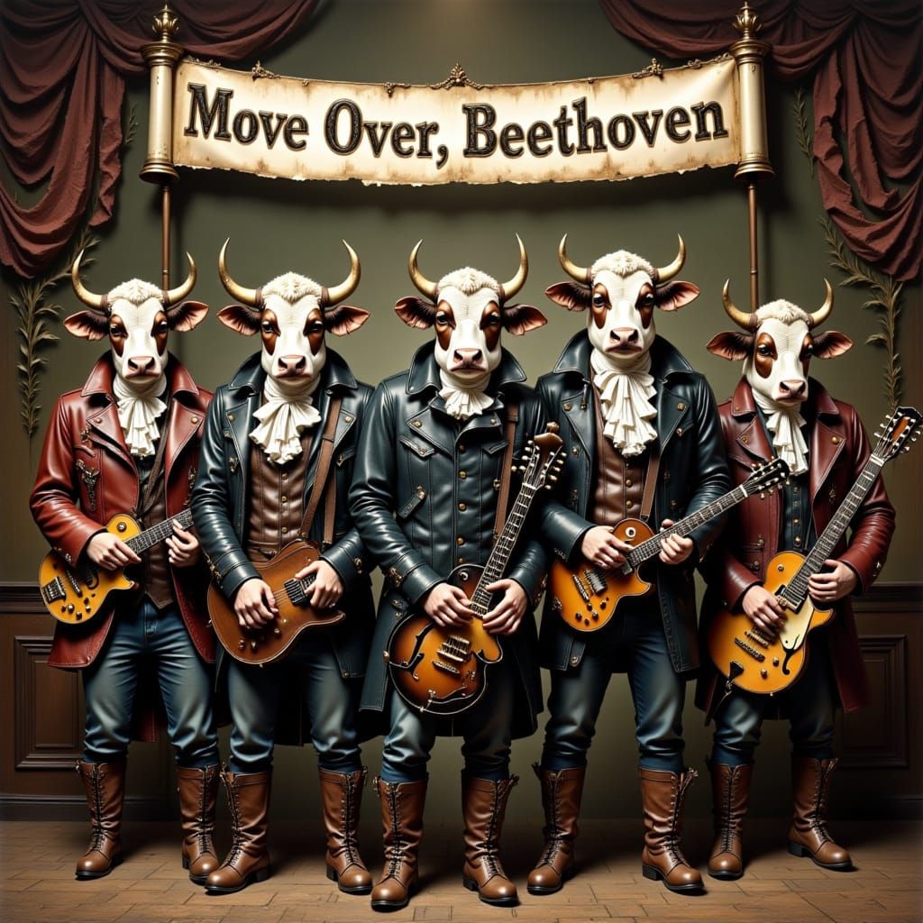 <lora:Wet Watercolor:1.0> <lora:Words:1.0> rock band made up of anthromoporphic cows with their instruments, wearing lot...