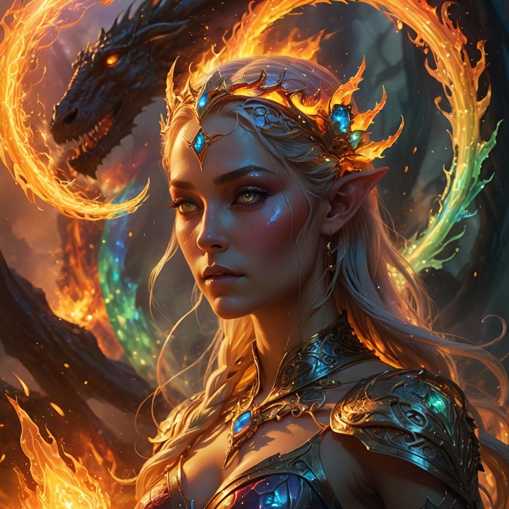 Dragon Princess with Fire Gem, Surreal Concept Art