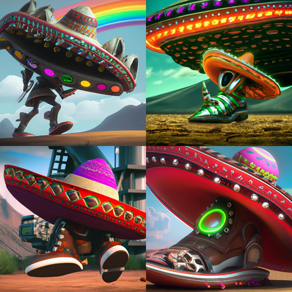 Illegal alien from mars. Sombrero. Spaceship. Huaraches. Alien technology. Hyper-realism. Touch of oil paint style.