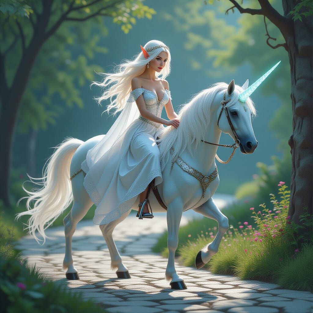 Elf on Glass Unicorn in Whimsical Realism Style