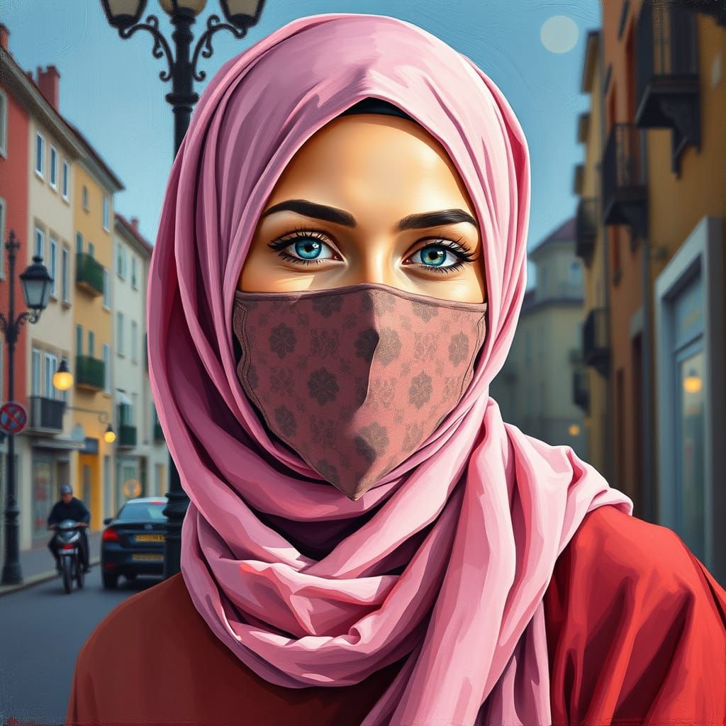 Elegant European Hijabi Woman in Cozy City Scene