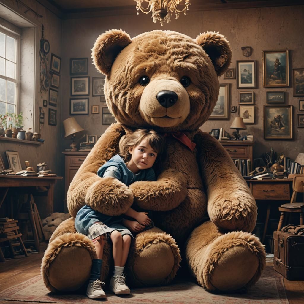 Giant Teddy Bear Hugs Children in Dramatic Digital Painting