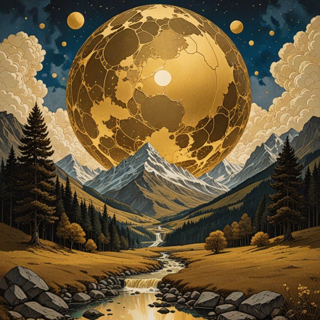 Golden Ink Floral Design in Fantastic Realism Style