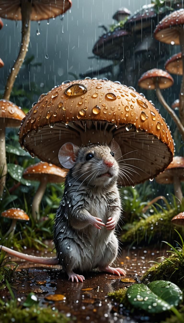 Mouse Finds Shelter Under Giant Mushroom