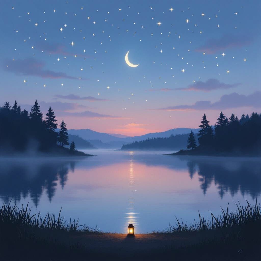 Tranquil Twilight Lake Reflecting Starry Sky