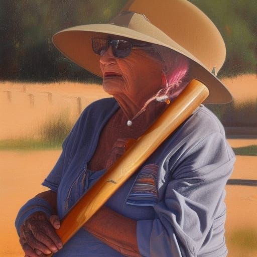 Didgeridoo-Playing Grandma in Oil Painting Style