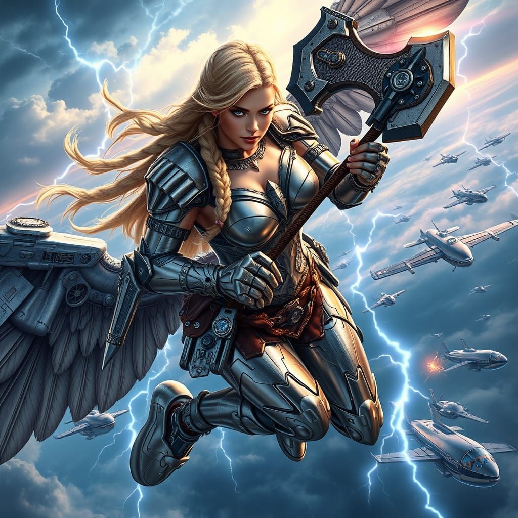 A chrome-plated valkyrie with long braided blonde hair and piercing blue eyes soars through the sky on mechanical wings,...