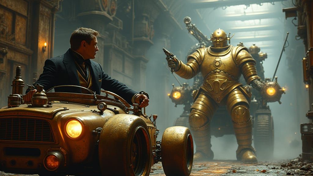 Steampunk 007 Battles Goldfinger in Underground Lair