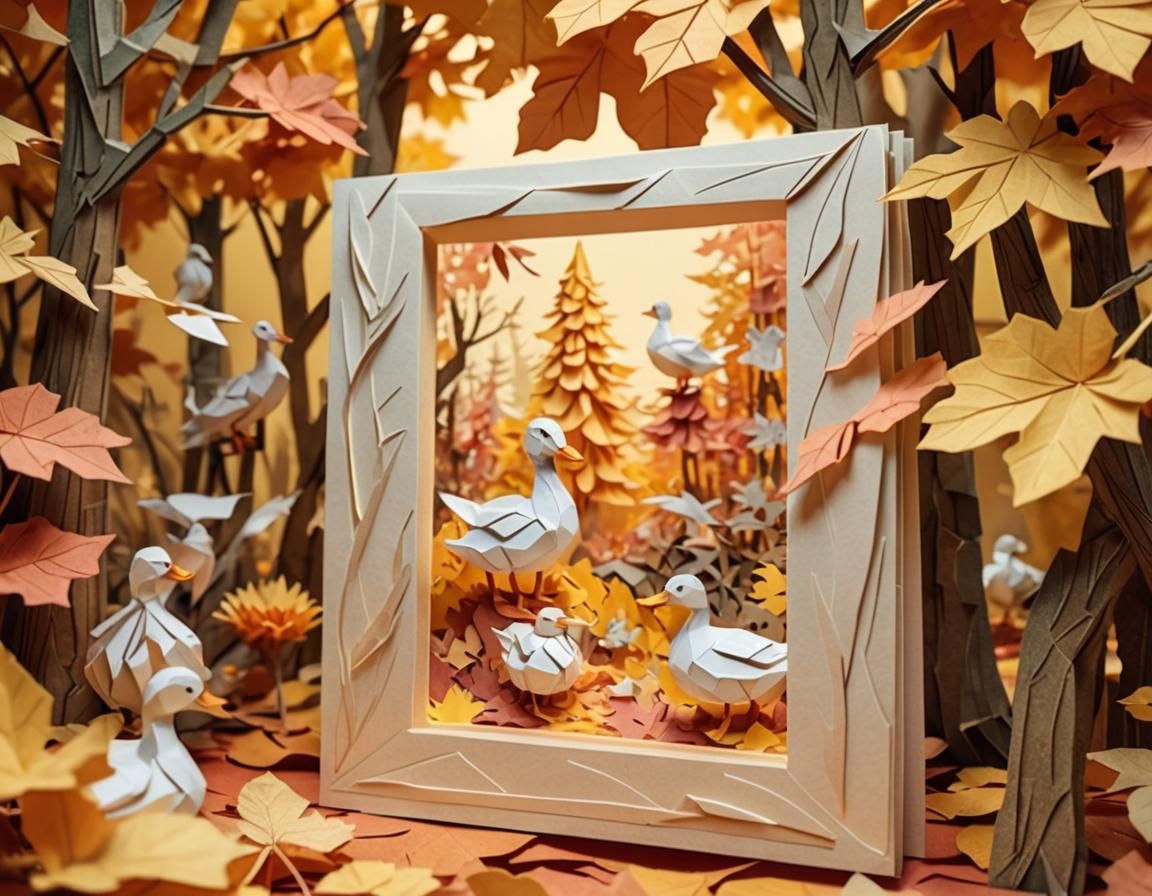 Ducks in Autumn Forest as Papercraft Art
