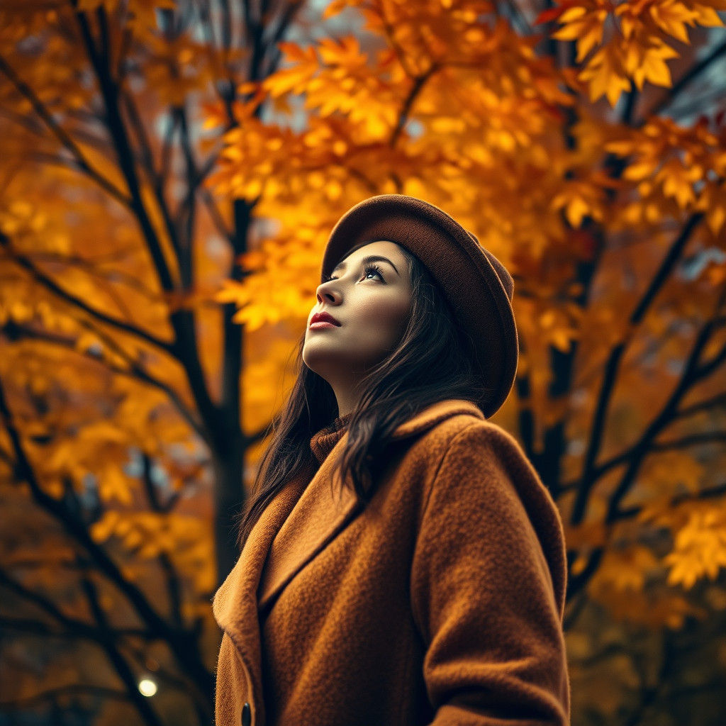Woman in Autumn Forest at Night in Bokeh Style