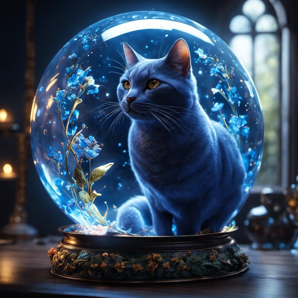 Blue Cat in Bubble with Flowers: Digital Art