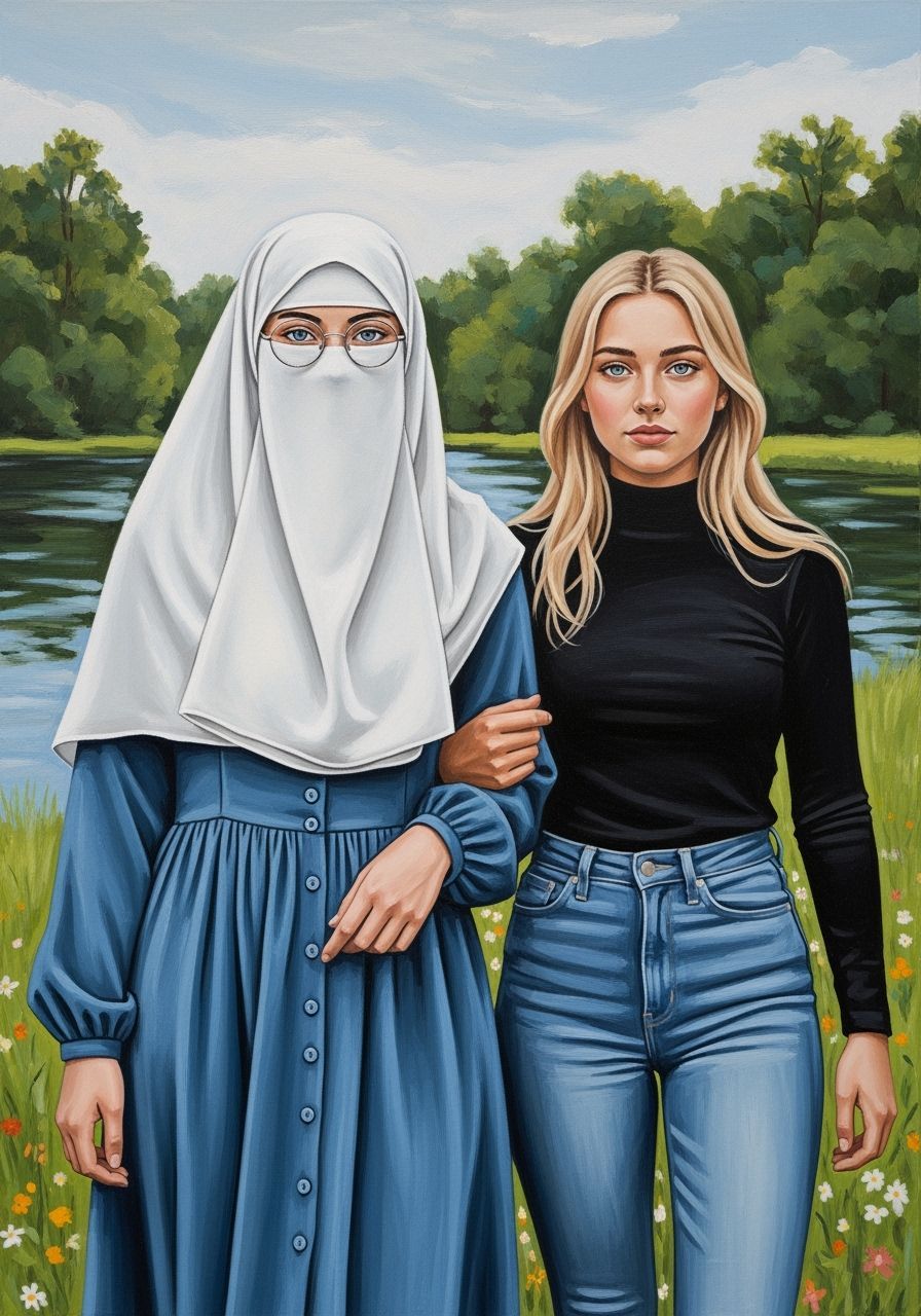 Friends Walking in a Floral Landscape