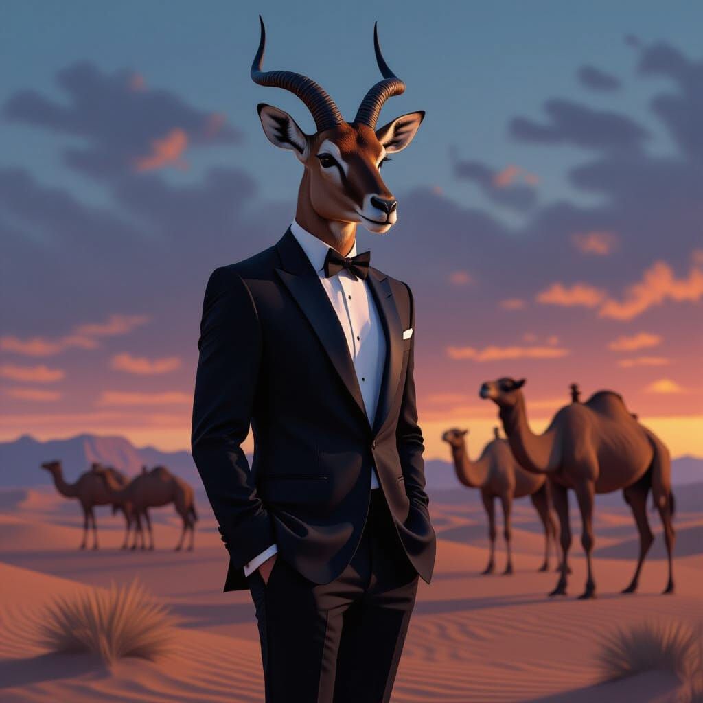 Eland in Tuxedo Observes Camels in Desert Dusk