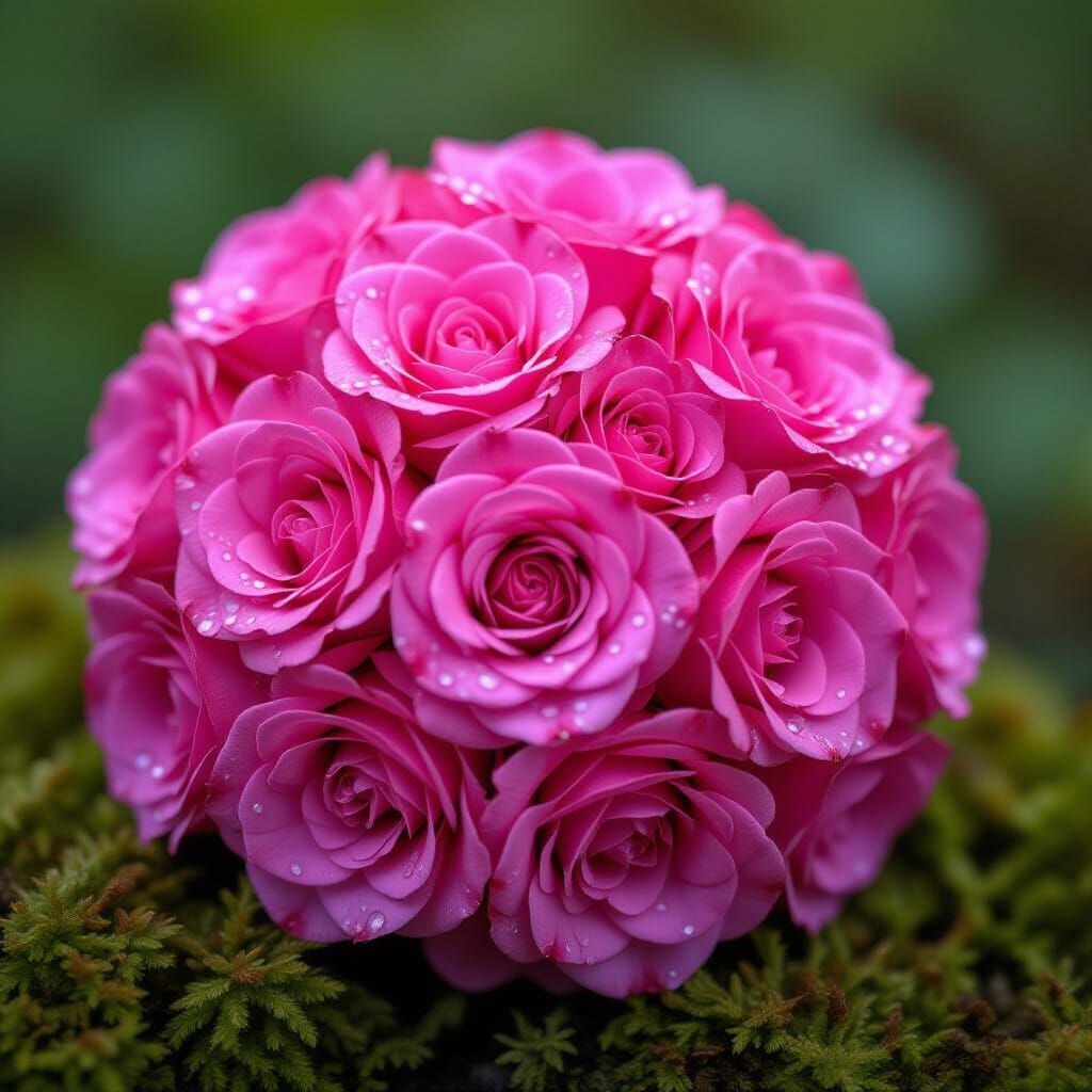 Pink Roses Adorned with Water Droplets on Moss