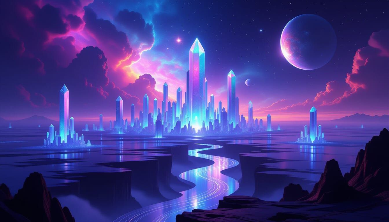 Crystalline City Across Nebulae with Portal Gateways