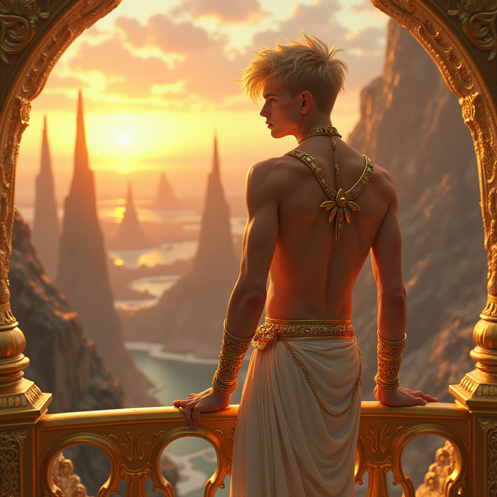 Golden Youth Contemplates Sci-Fi Cityscape