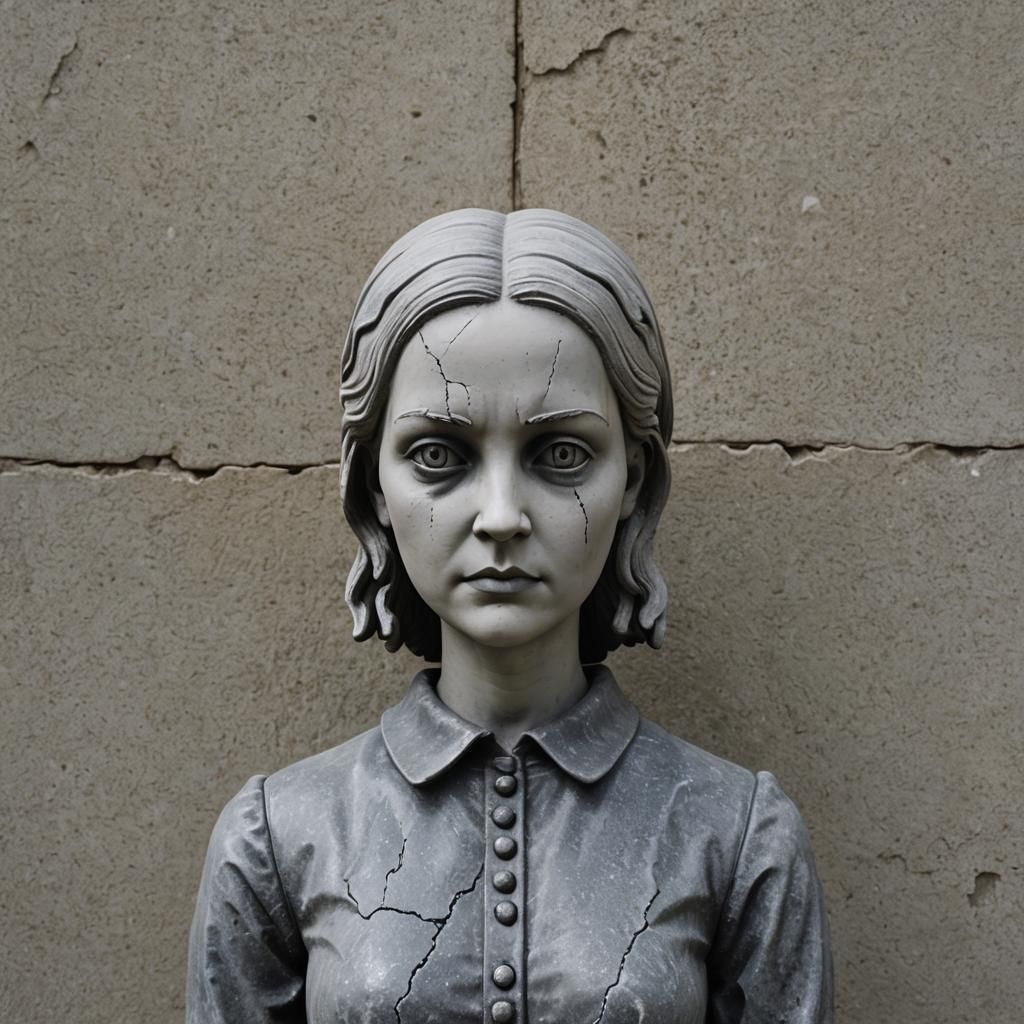 Cracked Stone Statue of Wednesday Addams